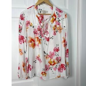 Ann Taylor LOFT Long Sleeve Ivory Floral Blouse Size XL New without Tags